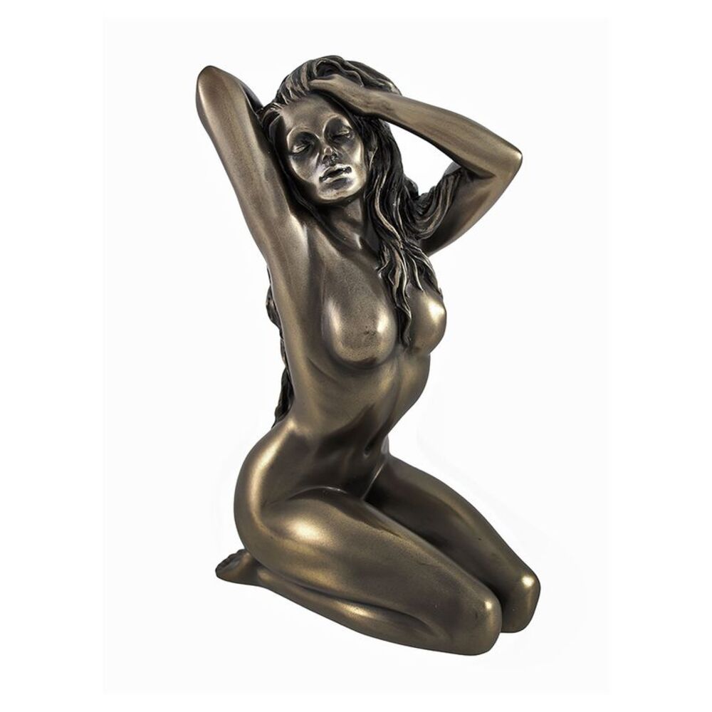 Bronzed Female  Kneeling Hands In Hair Statue Facing Right